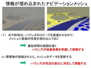 情報が埋め込まれたナビゲーションメッシュ
（１） 水や砂地は、ハウンズのスピードを減速させるので、
メッシュに表面の性質を埋め込んでおく
最短時間の経路を導く
ハウンズが地表効果を考慮して移動する
（２） 障害物が破壊されたら、メッシュのデータを更新する
ハウンズが状況の変化に対応して移動する
 