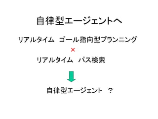 自律型エージェントへ
リアルタイム ゴール指向型プランニング
×
リアルタイム パス検索
自律型エージェント ？
 