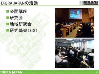 DiGRA JAPANの活動
公開講座
研究会
地域研究会
研究部会（SIG）
55
 