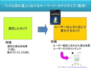 「トロと流れ星」におけるキーワード・カテゴライズ（推測）
固定したセリフ
特徴
適切な演出的効果
くり返し
誰がプレイしても同じ
ユーザーの入力に応じて
変化するセリフ
特徴
ユーザー個性に合わせた演出効果
ユーザーだけのコンテンツ
SCEI どこでもいっしょ http://www.dokodemoissyo.com/index1.html
 