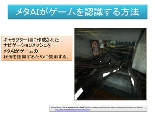 メタＡＩがゲームを認識する方法
キャラクター用に作成された
ナビゲーションメッシュを
メタＡＩがゲームの
状況を認識するために使用する。
Michael Booth, "The AI Systems of Left 4 Dead," Artificial Intelligence and Interactive Digital Entertainment Conference at Stanford.
http://www.valvesoftware.com/publications.html
 