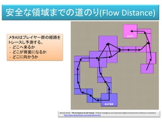 安全な領域までの道のり(Flow Distance)
メタＡＩはプレイヤー群の経路を
トレースし予測する。
- どこへ来るか
- どこが背面になるか
- どこに向かうか
Michael Booth, "The AI Systems of Left 4 Dead," Artificial Intelligence and Interactive Digital Entertainment Conference at Stanford.
http://www.valvesoftware.com/publications.html
 