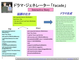 ドラマ・ジェネレーター 「Facade」
Interactive Story
協調の仕方
joint sequential behavior OfferDrink() {
team Grace, Trip;
// The steps of Grace’s and Trip’s OfferDrink()
// behaviors differ.
}
joint sequential behavior OfferDrink() {
team Trip, Grace;
// wait for Trip to say first line
with (success_test { OfferDrinkMemory
(CompletedGoalWME name == iInitialDrinkOffer
status == SUCCEEDED)})
wait;
subgoal iLookAtPlayerAndWait(0.5);
// react to Martini suggestion
with (synchronize) subgoal jSuggestMartini();
with (synchronize) subgoal
jFancyCocktailShakers();
}
joint sequential behavior
OfferDrink() {
team Trip, Grace;
with (post-to OfferDrinkMemory)
// Individual behavior for initial
offer
subgoal iInitialDrinkOffer();
subgoal
iLookAtPlayerAndWait(0.5);
with (synchronize) subgoal
jSuggestMartini();
// react to Grace’s line about fancy
shakers
with (synchronize) subgoal
jFancyCocktailShakers();
}
GraceTrip
(At the beginning of the behavior, Trip starts walking
to the bar. If he gets to the bar before the end of the
behavior, he stands behind it while delivering lines.)
Trip: A beer? Glass of wine? (Grace smiles at
player. Short pause)
Trip: You know I make a mean martini. (Grace
glances at Trip with slight frown partway into line.
At the end of line, rolls her eyes at the ceiling.)
Grace: (shaking her head, smiling) Tch, Trip just
bought these fancy new cocktail shakers. He’s
always looking for a chance to show them off. (If
Trip is still walking to the bar, he stops at “shakers”.
At “shakers” Trip looks at Grace and frowns slightly.
At the end of the line he looks back at player and
smiles. If he was still on the way to the bar, he
resumes walking to the bar).
ドラマ生成
" Michael Mateas and Andrew Stern A Behavior Language for Story-based Believable Agents", appeared in Artificial Intelligence and Interactive Entertainment, AAAI symposium, March 2002
 