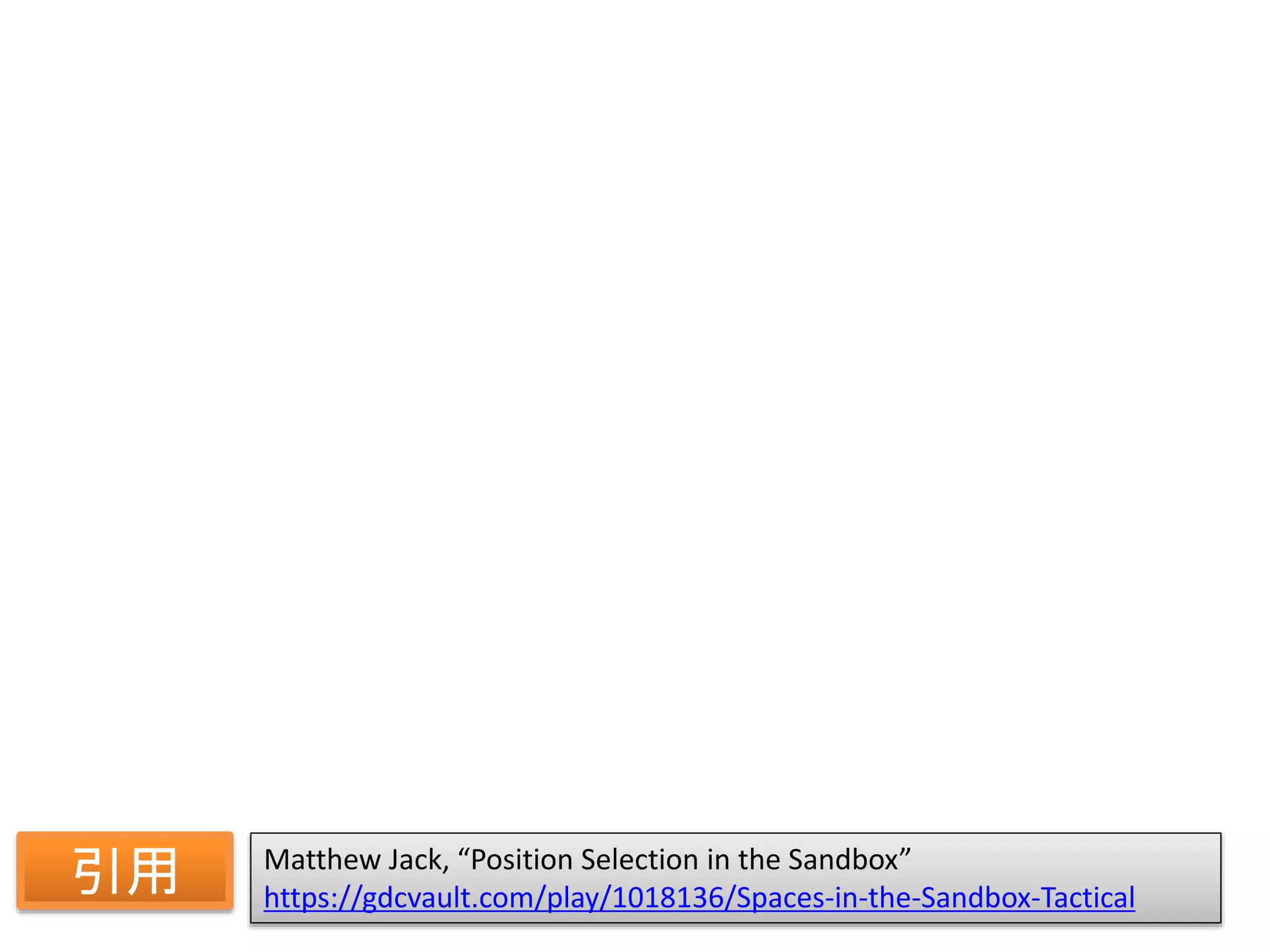 Matthew Jack, “Position Selection in the Sandbox”
https://gdcvault.com/play/1018136/Spaces-in-the-Sandbox-Tactical
引用
 