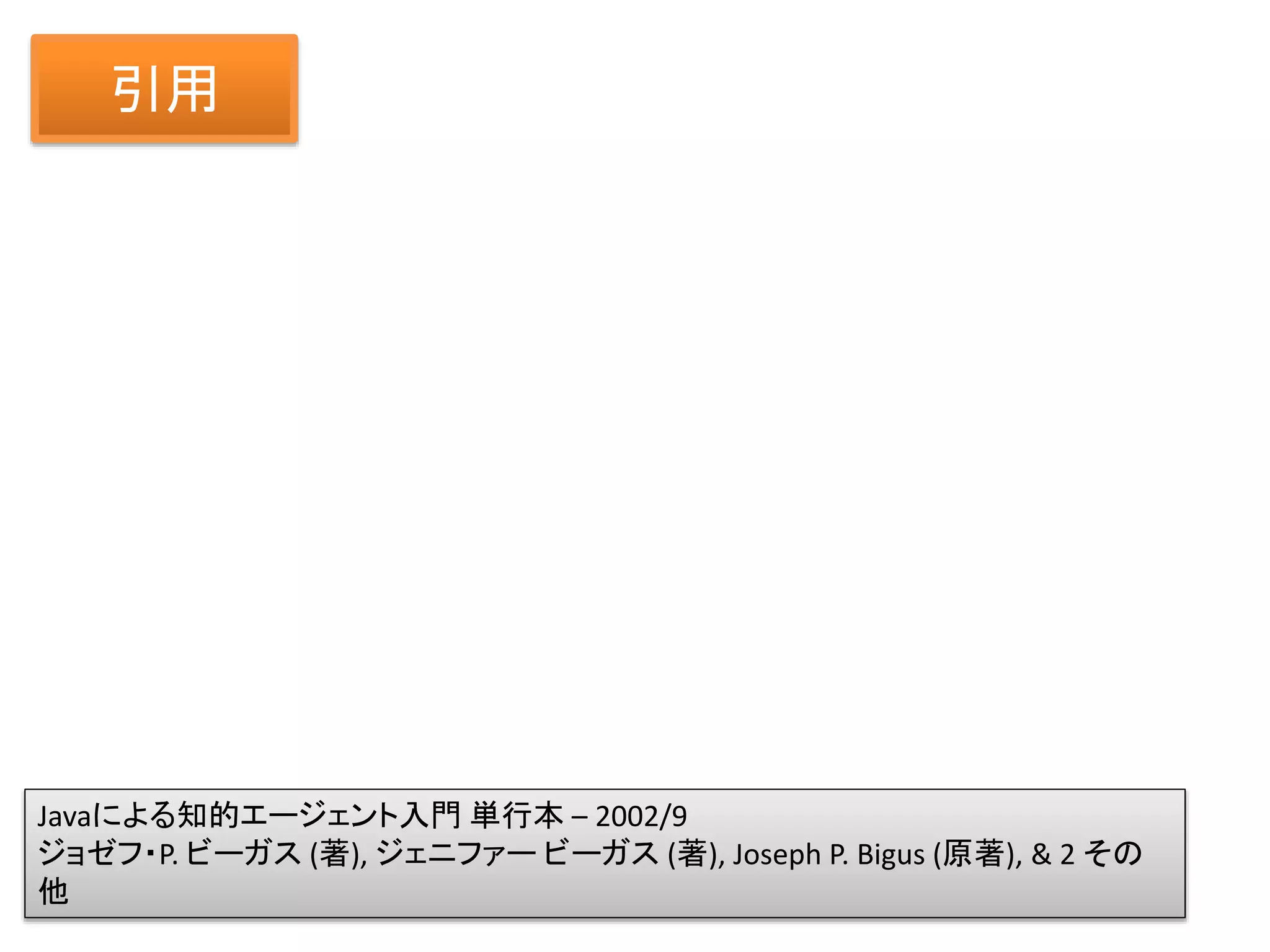 引用
Javaによる知的エージェント入門 単行本 – 2002/9
ジョゼフ・P. ビーガス (著), ジェニファー ビーガス (著), Joseph P. Bigus (原著), & 2 その
他
 