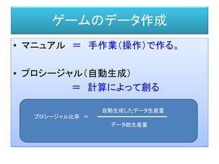 ゲームのデータ作成
• マニュアル ＝ 手作業（操作）で作る。
• プロシージャル（自動生成）
＝ 計算によって創る
プロシージャル比率 ＝
データ総生産量
自動生成したデータ生産量
 