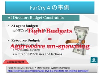 FarCry 4 の事例
Julien Varnier, Far Cry's AI: A Manifesto for Systemic Gameplay
http://archives.nucl.ai/recording/far-crys-ai-a-manifesto-for-systemic-gameplay/
 