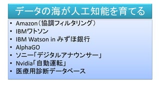 データの海が人工知能を育てる
• Amazon（協調フィルタリング）
• IBMワトソン
• IBM Watson in みずほ銀行
• AlphaGO
• ソニー「デジタルアナウンサー」
• Nvidia「自動運転」
• 医療用診断データベース
 