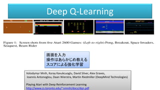 Deep Q-Learning
Volodymyr Mnih, Koray Kavukcuoglu, David Silver, Alex Graves,
Ioannis Antonoglou, Daan Wierstra, Martin Riedmiller (DeepMind Technologies)
Playing Atari with Deep Reinforcement Learning
http://www.cs.toronto.edu/~vmnih/docs/dqn.pdf
画面を入力
操作はあらかじめ教える
スコアによる強化学習
 
