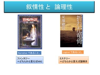 叙情性 と 論理性
Narrative であること。 Logical であること。
ファンタジー
＝どちらかと言えばARG
ミステリー
＝どちらかと言えば謎解き
 
