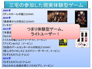 三宅の参加した現実体験型ゲーム
2009年
『ダンスホールの謎』 (SCRAP)
2010年
『廃倉庫からの脱出』 (SCRAP)
『シモキタクエスト』(ぶらり下北沢、シモキタクエスト実行委員会)
2013年
『本屋迷宮からの脱出』（SCRAP）
『ねらわれた戴冠式』（イクスピアリ、イーピン）
『イスカの嘴』（ミステリーナイト、イーピン）
『プリズンBLITZ』 （イーピン）
『伝説のゲームセンターからの脱出』（SCRAP）
『殺人のライセンス』 （ミステリー・ザ・サード、イーピン）
『なぞともカフェ』（ナムコ）
2014年
『なぞともカフェ2』（ナムコ）
『ねらわれた伝説の男』（イクスピアリ、イーピン）
つまり体験型ゲーム、
ライトユーザー！
 