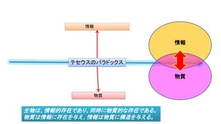 テセウスのパラドックス
物質
情報
情報
物質
生物は、情報的存在であり、同時に物質的な存在である。
物質は情報に存在を与え、情報は物質に構造を与える。
 