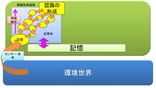 環境世界
認識の
形成
記憶
センサー・身
体
記憶体
情報処理過程
情報
統合
記憶
 