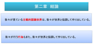 第二章 結論
我々が見ている主観的認識世界は、我々が世界と協調して作り出している。
我々が行う行為もまた、我々が世界と協調して作り出している。
 