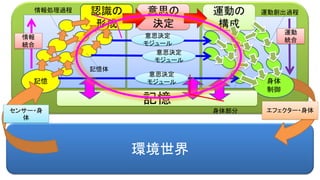 環境世界
認識の
形成
記憶
意思の
決定
身体
制御
エフェクター・身体
運動の
構成
センサー・身
体
意思決定
モジュール
意思決定
モジュール
意思決定
モジュール
記憶体
情報処理過程 運動創出過程
身体部分
情報
統合
運動
統合
記憶
 