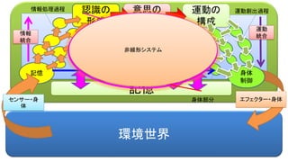 環境世界
認識の
形成
記憶
意思の
決定
身体
制御
エフェクター・身体
運動の
構成
センサー・身
体
意思決定
モジュール
意思決定
モジュール
意思決定
モジュール
記憶体
情報処理過程 運動創出過程
身体部分
情報
統合
運動
統合
記憶
非線形システム
 
