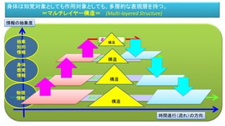 身体
身体の反射レベル
脳の原始的な部分の反射レベル
無意識の反射レベル
意志決定
物理
情報
身体
感覚
情報
抽象
知的
情報
情報の抽象度
時間進行（流れ）の方向
構造
構造
構造
身体は知覚対象としても作用対象としても、多層的な表現層を持つ。
＝マルチレイヤー構造＝ (Multi-layered Structure)
構造
 