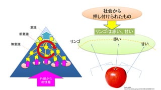 意識
前意識
無意識
外部から
の情報
リンゴ
赤い
甘い
リンゴは赤い、甘い
社会から
押し付けられたもの
Paula Godoy
http://free-photos.gatag.net/2013/08/16/060000.html
 