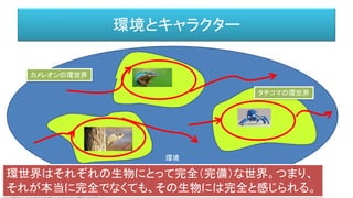 環境
環境とキャラクター
http://www.kaiyodo.co.jp/revoltech/yamaguchi_2012.html
カメレオンの環世界
タチコマの環世界
環世界はそれぞれの生物にとって完全（完備）な世界。つまり、
それが本当に完全でなくても、その生物には完全と感じられる。
 