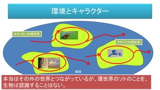 環境
環境とキャラクター
http://www.kaiyodo.co.jp/revoltech/yamaguchi_2012.html
カメレオンの環世界
タチコマの環世界
本当はその外の世界とつながっているが、環世界のソトのことを、
生物は認識することはない。
 