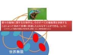 世界無限
個々の動物に関する生物学は、そのすべての機能環を渉猟する
ことによって初めて目標に到達したとみなすことができる。（p.76）
ユクスキュル「動物の環境と内的世界」(原著：1921, 前野佳彦訳:2012)
 