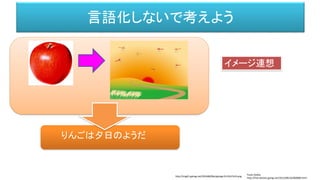 言語化しないで考えよう
Paula Godoy
http://free-photos.gatag.net/2013/08/16/060000.html
http://img01.gahag.net/201608/06o/gahag-0113547419.png
りんごは夕日のようだ
イメージ連想
 