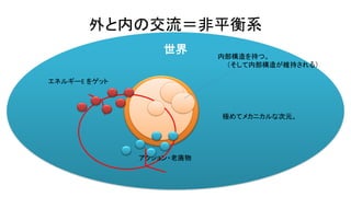 世界
外と内の交流＝非平衡系
エネルギーE をゲット
アクション・老廃物
極めてメカニカルな次元。
内部構造を持つ。
（そして内部構造が維持される）
 