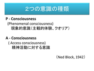 ２つの意識の種類
P - Consciousness
(Phenomenal consciousness)
現象的意識（主観的体験、クオリア）
A - Consciousness
( Access consciousness)
精神活動に対する意識
（Ned Block, 1942）
 