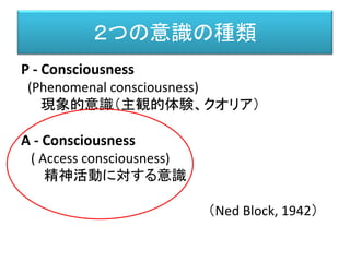 ２つの意識の種類
P - Consciousness
(Phenomenal consciousness)
現象的意識（主観的体験、クオリア）
A - Consciousness
( Access consciousness)
精神活動に対する...