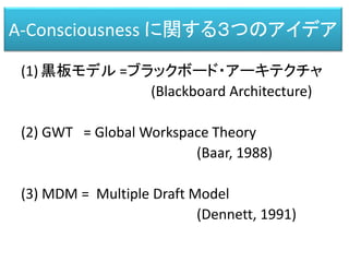 A-Consciousness に関する３つのアイデア
(1) 黒板モデル =ブラックボード・アーキテクチャ
(Blackboard Architecture)
(2) GWT = Global Workspace Theory
(Baar, ...