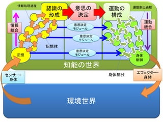 知能の世界
環境世界
認識の
形成
記憶
意思の
決定
身体
制御
エフェクター・
身体
運動の
構成
センサー・
身体
意思決定
モジュール
意思決定
モジュール
意思決定
モジュール
記憶体
情報処理過程 運動創出過程
身体部分
情報
統合
運動
統合
 