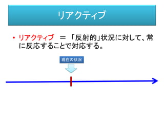 リアクティブ
• リアクティブ ＝ 「反射的」状況に対して、常
に反応することで対応する。
現在の状況
 