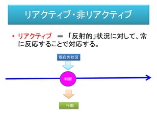 リアクティブ・非リアクティブ
• リアクティブ ＝ 「反射的」状況に対して、常
に反応することで対応する。
現在の状況
判断
行動
 