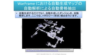 WarFrame における自動生成マップの
自動解析による自動骨格抽出
• 自動生成するだけでなく、自動生成したダンジョンを、自動
解析します。ここでは、トポロジー（形状）検出を行います。
©2017 SQUARE ENIX CO., LTD. All Rights Reserved.
 