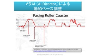 メタAI （AI Director,）による
動的ペース調整
©2017 SQUARE ENIX CO., LTD. All Rights Reserved.
Daniel Brewer, AI Postmortems: Assassin's Creed III, XCOM: Enemy Unknown, and Warframe (GDC2015)
http://www.gdcvault.com/play/1018223/AI-Postmortems-Assassin-s-Creed
 