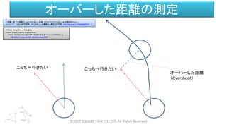 オーバーした距離の測定
©2017 SQUARE ENIX CO., LTD. All Rights Reserved.
こっちへ行きたい こっちへ行きたい
オーバーした距離
（Overshoot）
三宅陽一郎 「大規模ゲームにおける人工知能 ─ファイナルファンタジーXV の実例をもとに─」
(17ページ) （人工知能学会誌、2017 /2号） （AI書庫から無料でDL可能 http://id.nii.ac.jp/1004/00008567/ ）
グラヴォ ファビアン、 下川 和也、
Hendrik Skubch、Ingimar Gudmundsson
「FINAL FANTASY XV におけるキャラクターナビゲーションパイプライン 」
http://cedil.cesa.or.jp/cedil_sessions/view/1656
 
