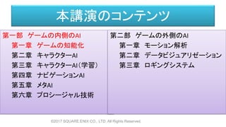 本講演のコンテンツ
第一部 ゲームの内側のAI
第一章 ゲームの知能化
第二章 キャラクターAI
第三章 キャラクターAI（学習）
第四章 ナビゲーションAI
第五章 メタAI
第六章 プロシージャル技術
©2017 SQUARE ENIX CO., LTD. All Rights Reserved.
第二部 ゲームの外側のAI
第一章 モーション解析
第二章 データビジュアリゼーション
第三章 ロギングシステム
 