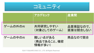 コミュニティ
©2017 SQUARE ENIX CO., LTD. All Rights Reserved.
アカデミック 産業間
ゲームの外のAI 共同研究しやすい
（対象としてのゲーム）
品質保証なので、
直接は競合しない
ゲームの中のAI 難しい点がある
（商品であること、機密
情報が多い）
商品なので競合
 