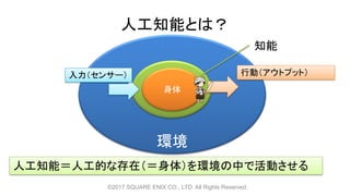 環境
人工知能とは？
©2017 SQUARE ENIX CO., LTD. All Rights Reserved.
身体
人工知能＝人工的な存在（＝身体）を環境の中で活動させる
入力（センサー） 行動（アウトプット）
知能
 
