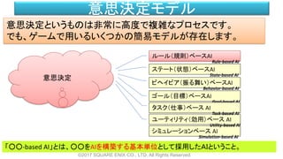 意思決定モデル
©2017 SQUARE ENIX CO., LTD. All Rights Reserved.
ステート（状態）ベースAI
ゴール（目標）ベースAI
ルール（規則）ベースAI
ビヘイビア（振る舞い）ベースAI
意思決定というものは非常に高度で複雑なプロセスです。
でも、ゲームで用いるいくつかの簡易モデルが存在します。
シミュレーションベース AI
ユーティリティ（効用）ベース AI
Rule-based AI
State-based AI
Behavior-based AI
Goal-based AI
Utility-based AI
「○○-based AI」とは、○○をAIを構築する基本単位として採用したＡＩということ。
タスク（仕事）ベース AI
Task-based AI
意思決定
Simulation-based AI
 