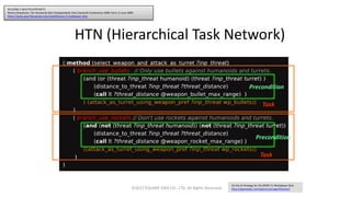 HTN (Hierarchical Task Network)
©2017 SQUARE ENIX CO., LTD. All Rights Reserved.
Precondition
Task
Precondition
Task
On the AI Strategy for KILLZONE 2′s Multiplayer Bots
http://aigamedev.com/open/coverage/killzone2/
KILLZONE 2 MULTIPLAYER BOTS
Remco Straatman, Tim Verweij & Alex Champandard; Paris Game/AI Conference 2009, Paris 11 June 2009
https://www.guerrilla-games.com/read/killzone-2-multiplayer-bots
 