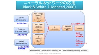 Belief – Desire – Intention モデル
©2017 SQUARE ENIX CO., LTD. All Rights Reserved.
Desire
(Perceptrons)
Opinions
(Decision Trees)
Beliefs
(Attribute List)
Richard Evans, “Varieties of Learning”, 11.2, AI Game Programming Wisdom
Low Energy
Source =0.2
Weight =0.8
Value =
Source*Weight =
0.16
Tasty Food
Source =0.4
Weight =0.2
Value =
Source*Weight =
0.08
Unhappines
s
Source =0.7
Weight =0.2
Value =
Source*Weight =
0.14
∑
0.16+0.08+0.14
Threshold
（0～1の値に
変換）
hunger
Desire（お腹すいた度）欲求を決定する
対象を決定する
それぞれの対象の
固有の情報
他にも
いろいろな
欲求を計算
Hunger
Compassion
Attack（戦いたい）
Help
ニューラルネットワークの応用
Black & White （Lionhead,2000）
 