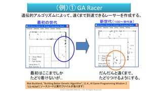 （例）① GA Racer
©2017 SQUARE ENIX CO., LTD. All Rights Reserved.
遺伝的アルゴリズムによって、遠くまで到達できるレーサーを作成する。
最初はここまでしか
たどり着けないが…
だんだんと遠くまで、
たどりつけるようにする。
Mat Buckland, "Building Better Genetic Algorithm", 11.4., AI Game Programming Wisdom 2
（CD-ROMにソースコードと実行ファイルがあります）
最初の世代 新世代（１００～世代後）
 