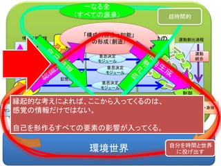 環境世界
認識の
形成
記憶
意思の
決定
身体
制御
エフェクター・身体
運動の
構成
センサー・身体
意思決定
モジュール
意思決定
モジュール
意思決定
モジュール
記憶体
情報処理過程 運動創出過程
身体部分
情報
統合
運動
統合
「構成的自己＝知能」
の形成（創造）
「存在的自己・認識・記憶」
の形成（創造）
一なる全
（すべての源泉） 超時間的
自分を時間と世界
に投げ出す
世界からの流れ、そして、内側からの創造の流れが、
人間の「現実」を作り出す。認識とは、現実とは、「共創」の場。
 