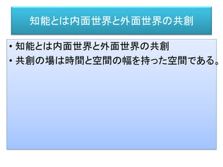 知能とは内面世界と外面世界の共創
• 知能とは内面世界と外面世界の共創
• 共創の場は時間と空間の幅を持った空間である。
 