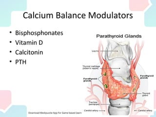 Calcium Balance Modulators
• Bisphosphonates
• Vitamin D
• Calcitonin
• PTH
 