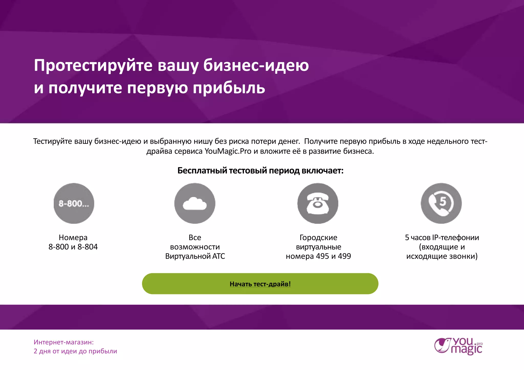 Интернет-магазин:
2 дня от идеи до прибыли
Номера
8-800 и 8-804
Все
возможности
ВиртуальнойАТС
Городские
виртуальные
номера 495 и 499
5 часов IP-телефонии
(входящие и
исходящие звонки)
Протестируйте вашу бизнес-идею
и получите первую прибыль
Тестируйте вашу бизнес-идею и выбранную нишу без риска потери денег. Получите первую прибыль в ходе недельного тест-
драйва сервиса YouMagic.Pro и вложите её в развитие бизнеса.
Бесплатный тестовый период включает:
Начать тест-драйв!
 