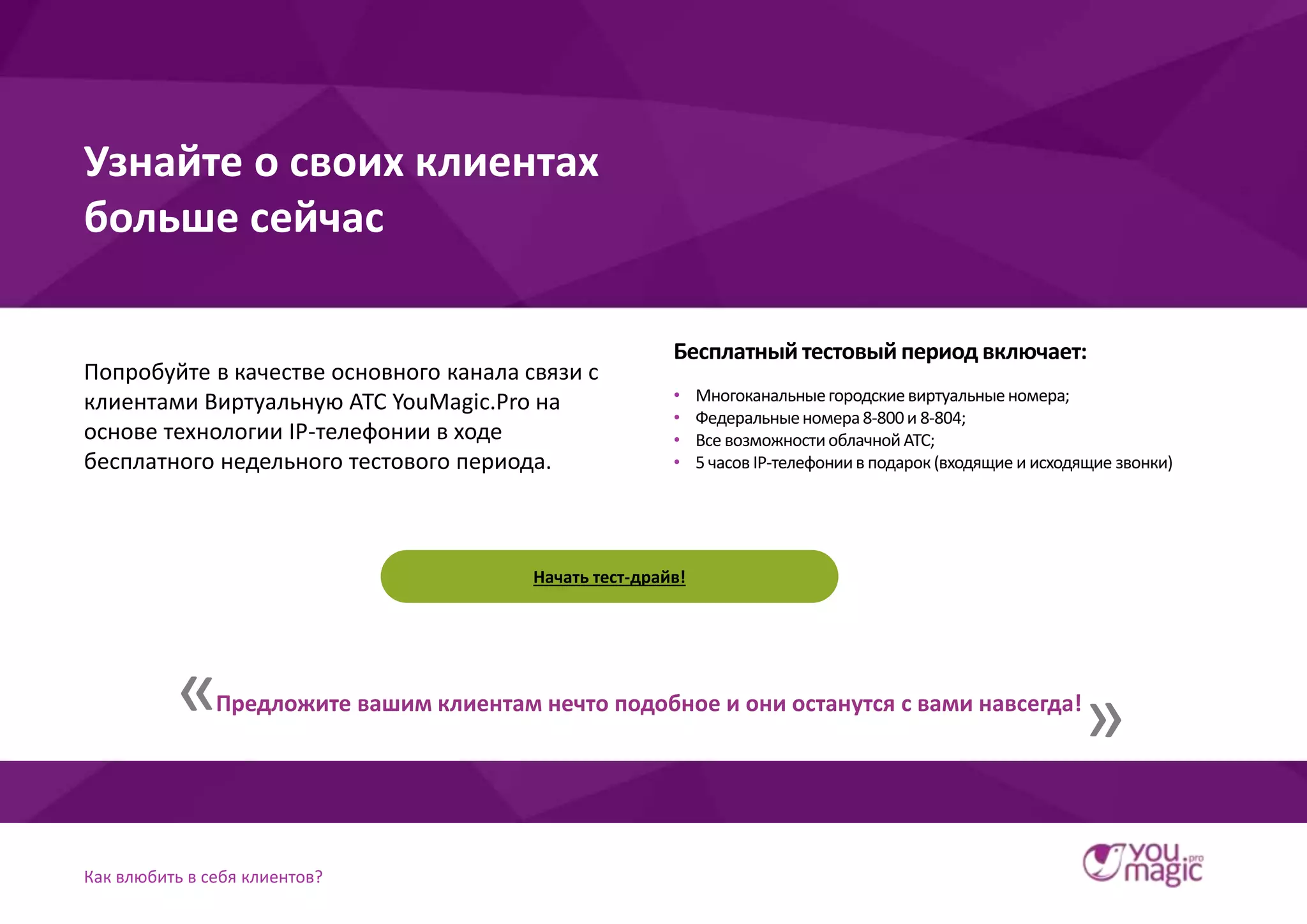 Как влюбить в себя клиентов?
Узнайте о своих клиентах
больше сейчас
Бесплатный тестовый период включает:
Попробуйте в качестве основного канала связи с
клиентами Виртуальную АТС YouMagic.Pro на
основе технологии IP-телефонии в ходе
бесплатного недельного тестового периода.
• Многоканальныегородскиевиртуальныеномера;
• Федеральныеномера8-800и 8-804;
• Все возможностиоблачнойАТС;
• 5 часов IP-телефониив подарок(входящие и исходящие звонки)
Начать тест-драйв!
Предложите вашим клиентам нечто подобное и они останутся с вами навсегда!« »
 