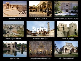 Umayyad Mosque
Sights
Citadel of Aleppo
Site of Palmyra National Museum of DamascusAl Azem Palace
Dead City of Serjilla
Sayyidah Zaynab MosqueNorias Park Saint Simon Citadel
 