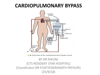 CARDIOPULMONARY BYPASS
BY DR NIKUNJ
(CTS RESIDENT STAR HOSPITAL)
(Coordinator:DR P.SATYENDRANATH PATHURI)
(25/9/18)
 